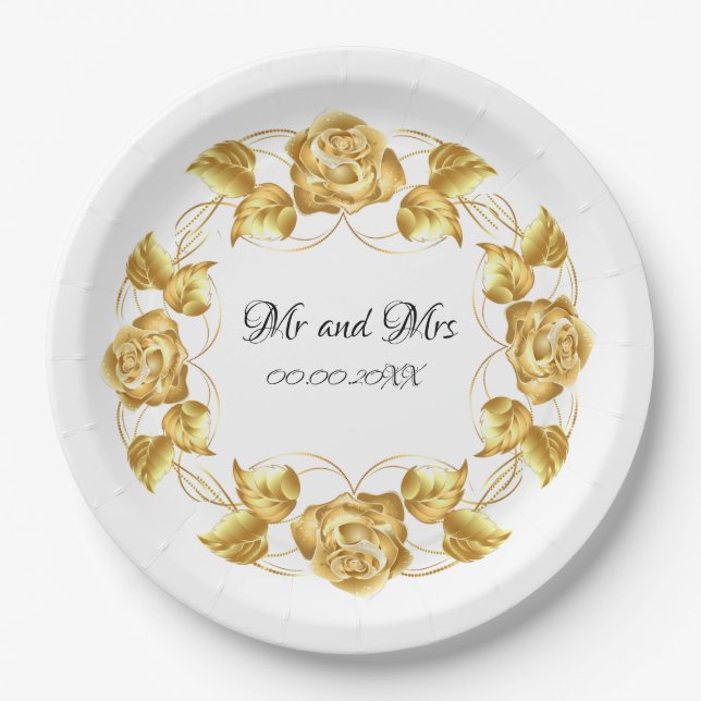 Assiettes En Carton Plaques papier Mariage Rose or personnalisées (Devant)