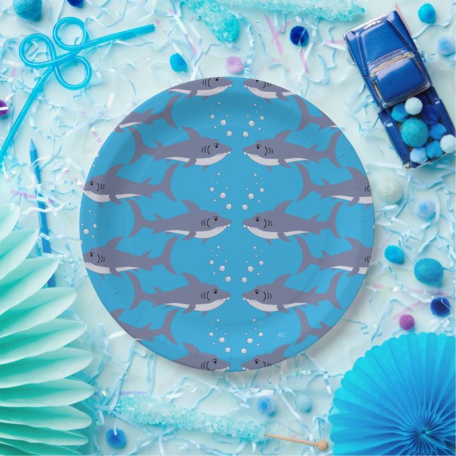 Assiettes En Carton Plaques papier Motif bleu pour requin de natation (Fête)