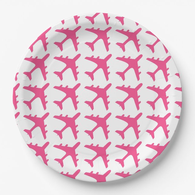 Assiettes En Carton Plaques papier motif d'avion rose blanc (Devant)