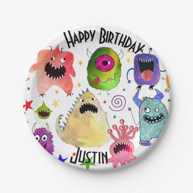 Assiettes En Carton Plaques personnalisées monstre d'anniversaire (Devant)