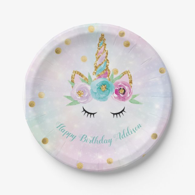 Assiettes En Carton Plaques unicornes pastel personnalisées (Devant)