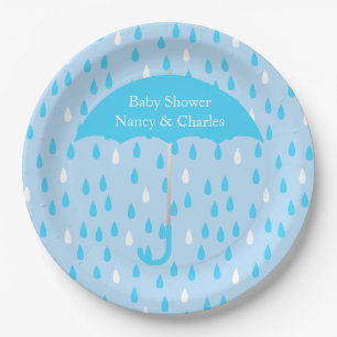 Assiettes En Carton Plat bleu de baby shower de parapluie