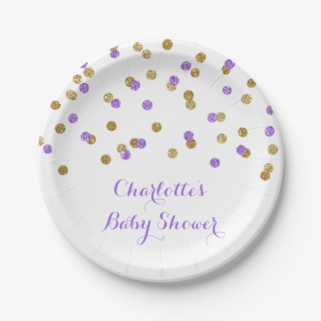 Assiettes En Carton Plat pourpre de baby shower de confettis d'or (Devant)