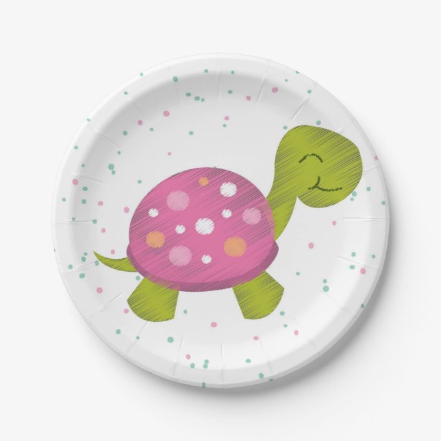 Assiettes En Carton Plat rose de partie de confettis de tortue (Devant)