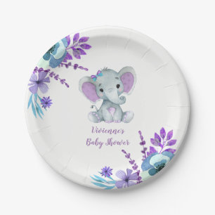 Assiettes En Carton Plat turquoise pourpre d'éléphant 4 baby showers