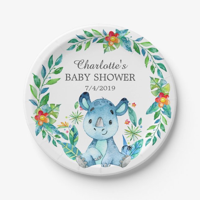 Assiettes En Carton Plate Baby shower Jungle Rhino 7" (Devant)