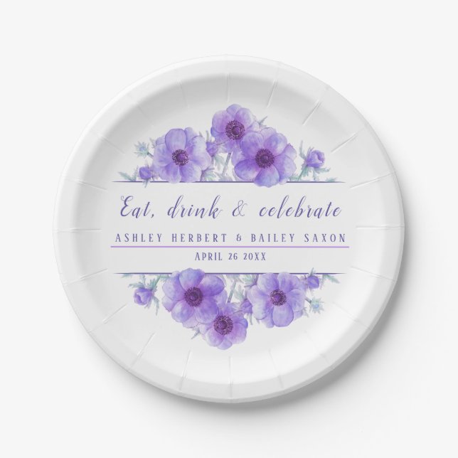 Assiettes En Carton Plate de papier d'anémone violet couleur mariage (Devant)
