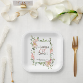 Assiettes En Carton Plate de papier mariage fleuri d'aquarelle rose