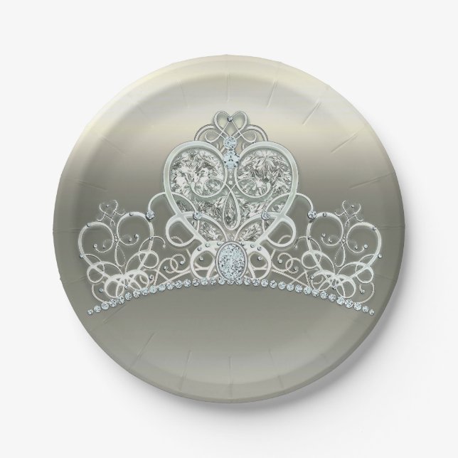 Assiettes En Carton Platine ivoire princesse coeur Tiara fête d'annive (Devant)