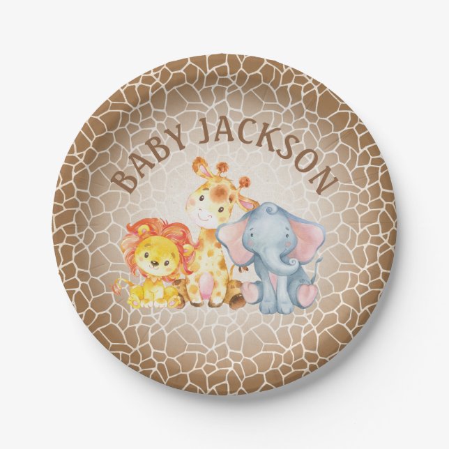 Assiettes En Carton Plats de baby shower d'éléphant de jungle (Devant)