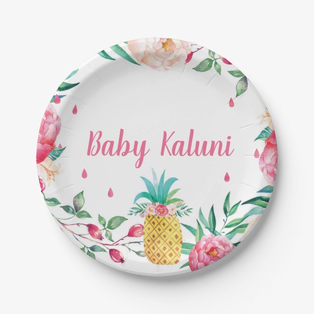 Assiettes En Carton Plats floraux de douche d'aquarelle d'ananas (Devant)