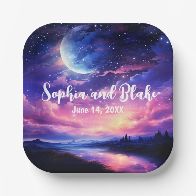 Assiettes En Carton Pleine lune céleste étoiles nuages Mariage mystiqu (Recto)