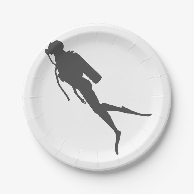 Assiettes En Carton Plongeur de scuba en silhouette noire (Devant)