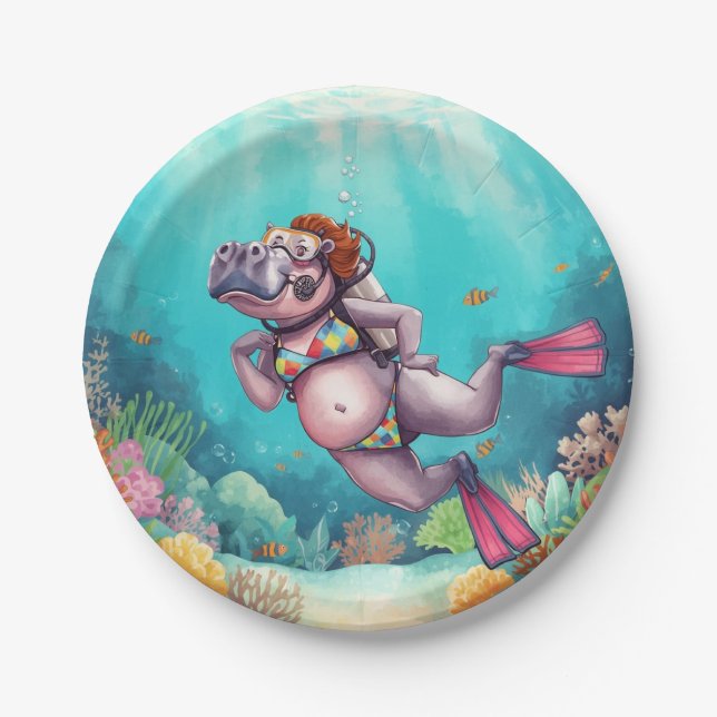 Assiettes En Carton Plongeur scaphandrier hippopotame sous l'eau (Devant)