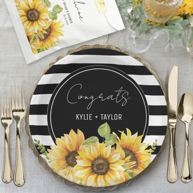 Assiettes En Carton Pluie de noces tournesol et rayures noires et blan (Créateur téléchargé)
