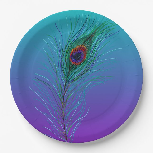 Assiettes En Carton Plume de paon turquoise à violet (Devant)