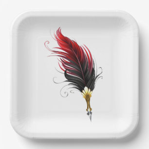Assiettes En Carton Plume rouge avec pointe en or