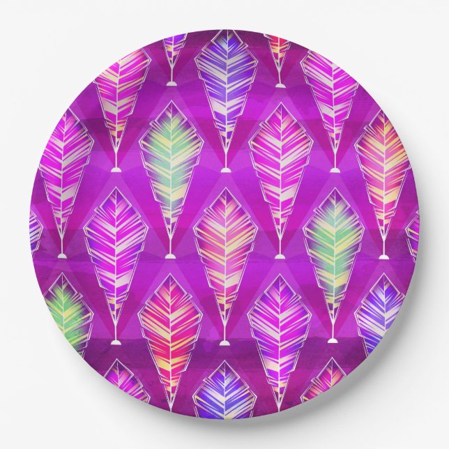 Assiettes En Carton Plumes colorées Motif Abstrait En rose violet (Devant)