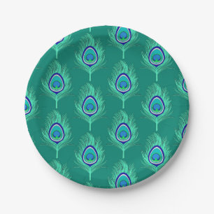 Assiettes En Carton Plumes de paon, Aqua sur Turquoise / Peacock
