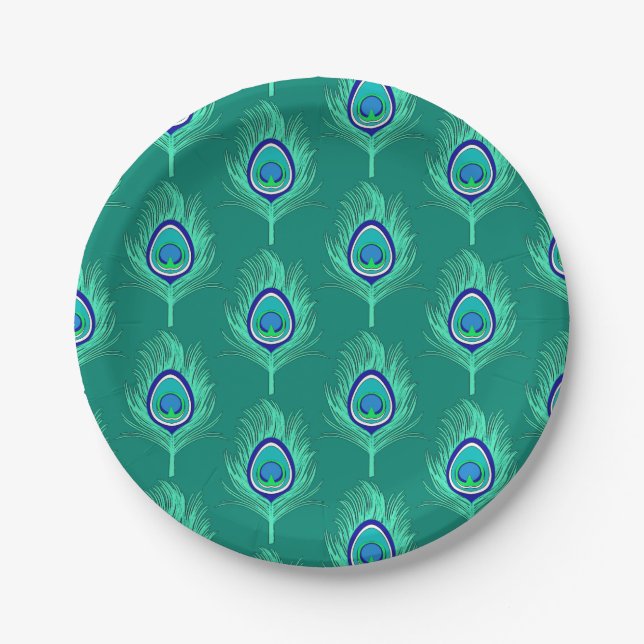 Assiettes En Carton Plumes de paon, Aqua sur Turquoise / Peacock (Devant)