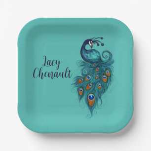 Assiettes En Carton Plumes de paon Peacocks Turquoises