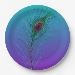 Assiettes En Carton Plumes de paon turquoise à violet