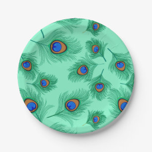 Assiettes En Carton Plumes de paon turquoise sur Aqua clair