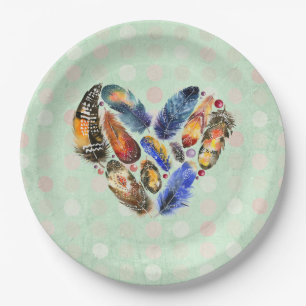 Assiettes En Carton Plumes en forme de coeur Aquarelle Design