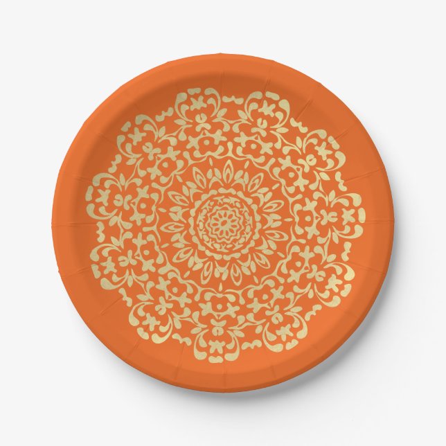 Assiettes En Carton Plutôt Élégant Or Orange Lacy Motif (Devant)