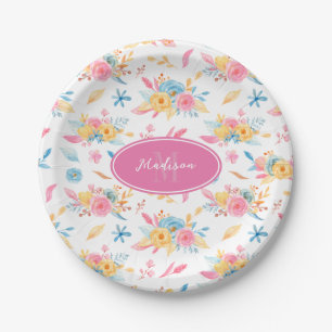Assiettes En Carton Plutôt rose Motif Floral Monogramme