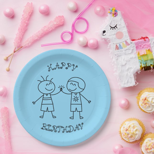 Assiettes En Carton poing levé joyeux anniversaire bleu (Fête)
