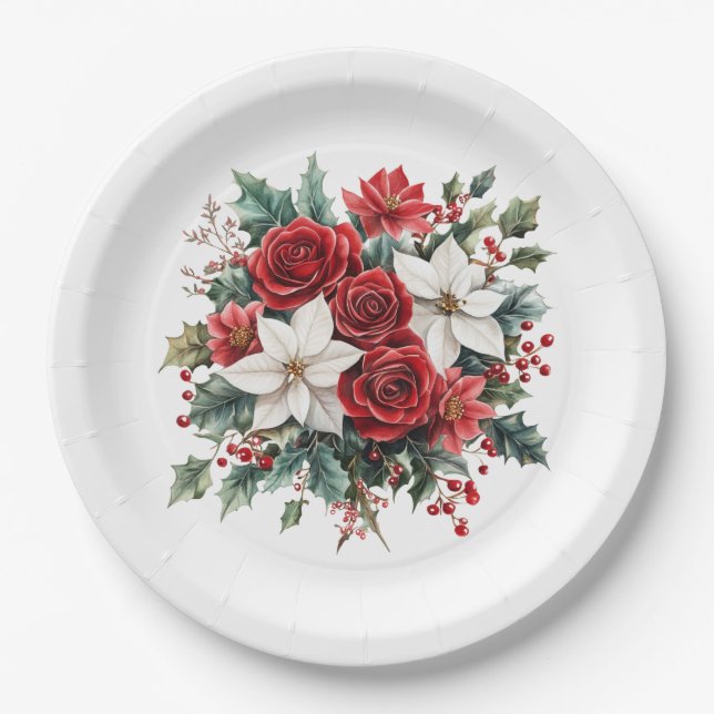 Assiettes En Carton Poinsettia de Noël Élégante (Devant)