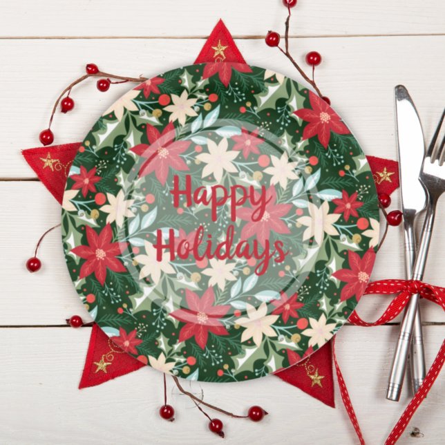 Assiettes En Carton Poinsettia Floral Noël Vert (Créateur téléchargé)