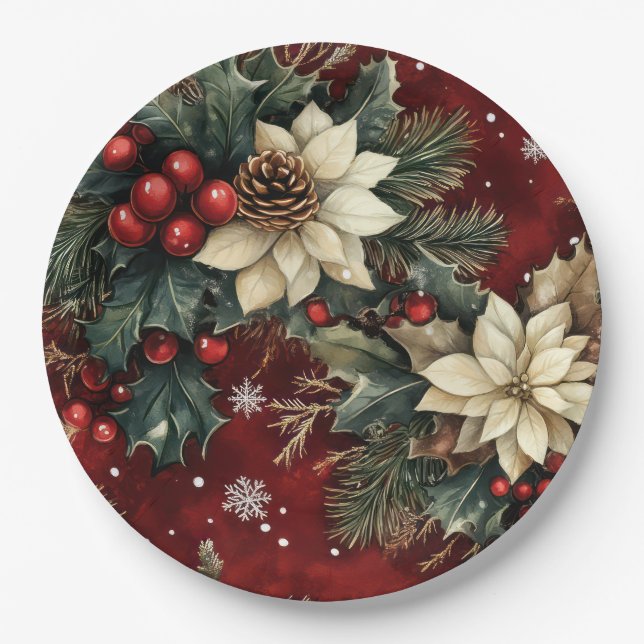 Assiettes En Carton Poinsettia Grace in Snowfall’s Embrace (Devant)
