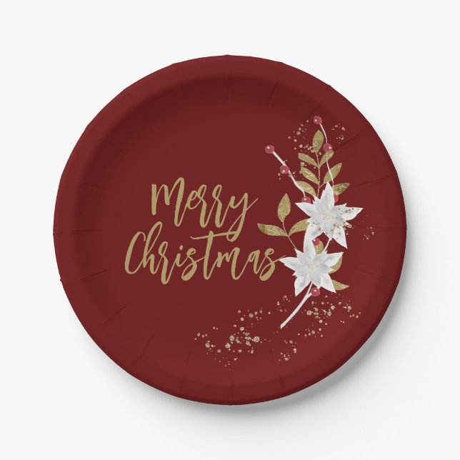 Assiettes En Carton Poinsettia Joyeux Noël Blanc Bourgogne Élégant (Devant)