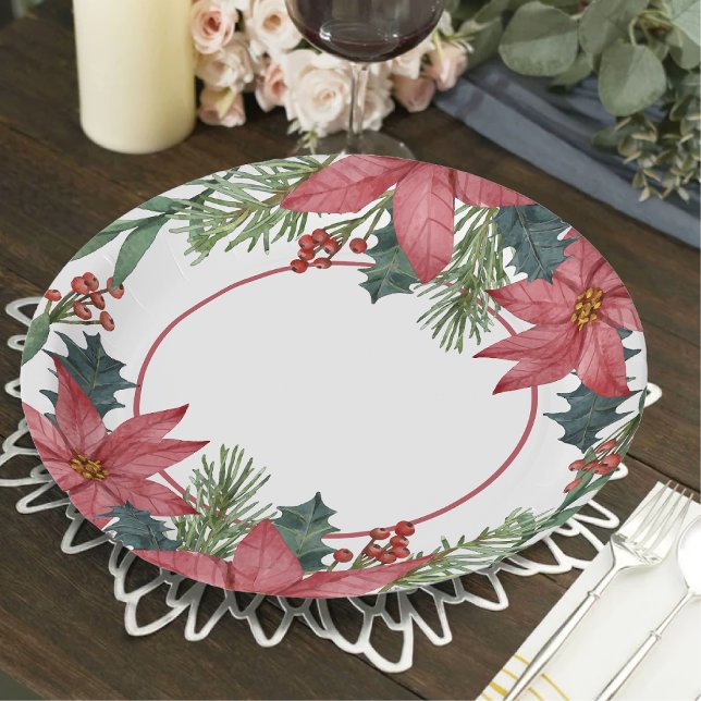 Assiettes En Carton Poinsettia Mariage de Noël Floral Rouge (Créateur téléchargé)