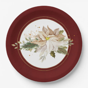 Assiettes En Carton Poinsettias Blanches et Feuilles de Parties scinti