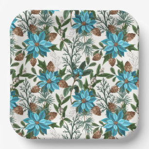 Assiettes En Carton Poinsettias Bleus Et Pins