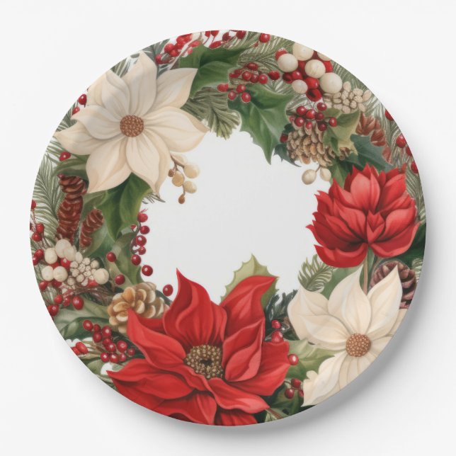 Assiettes En Carton Poinsettias de Noël et Holly (Devant)