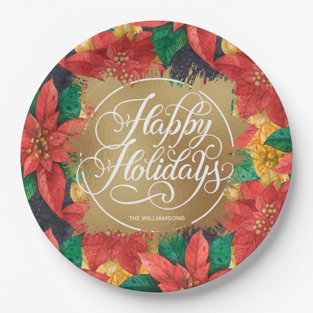 Assiettes En Carton Poinsettias Gold Faux Foil Joyeux Vacances (Devant)