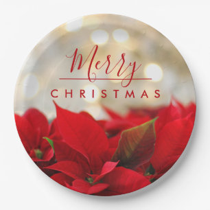 Assiettes En Carton Poinsettias rouges avec Golden Bokeh Joyeux Noël