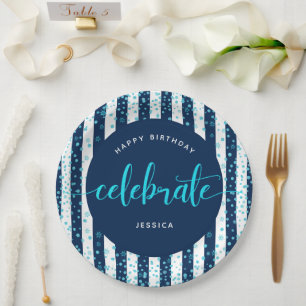 Assiettes En Carton Point de parties scintillant d'écriture turquoise 