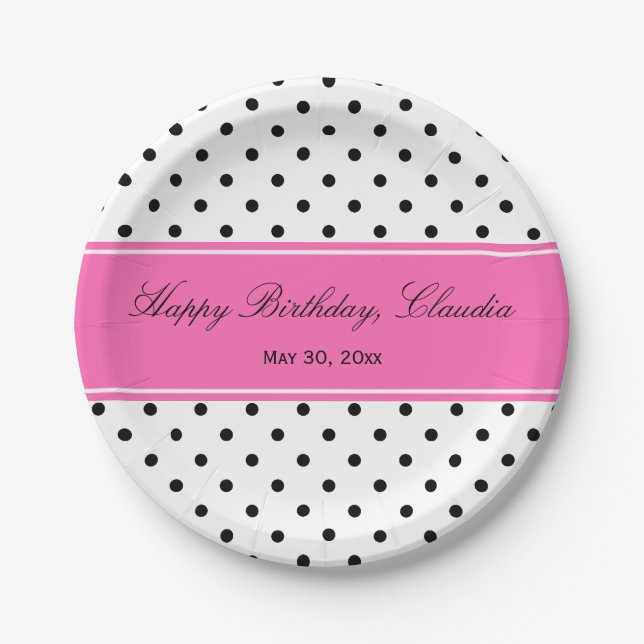 Assiettes En Carton Pointe Polka noir et blanc avec Anniversaire rose  (Devant)