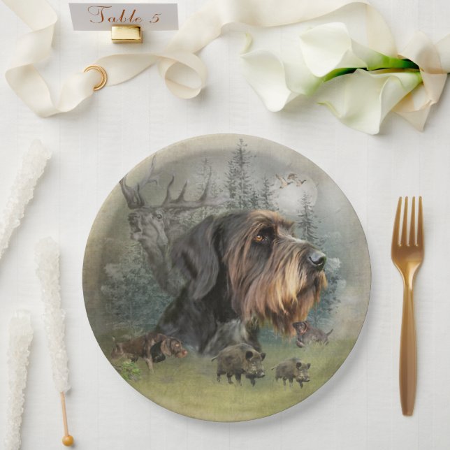 Assiettes En Carton Pointeur À poils durs allemand, Chasse au sanglier (Mariage)