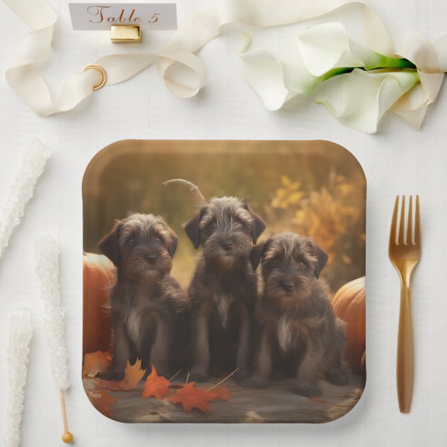 Assiettes En Carton Pointeur à poils durs Griffon Puppy Automne (Mariage)