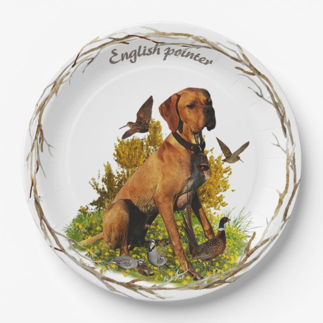 Assiettes En Carton Pointeur anglais, chasse aux oiseaux (Devant)