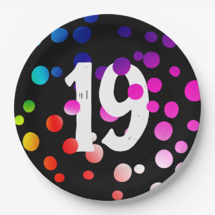 Assiettes En Carton Points arc-en-ciel du 19e anniversaire en noir