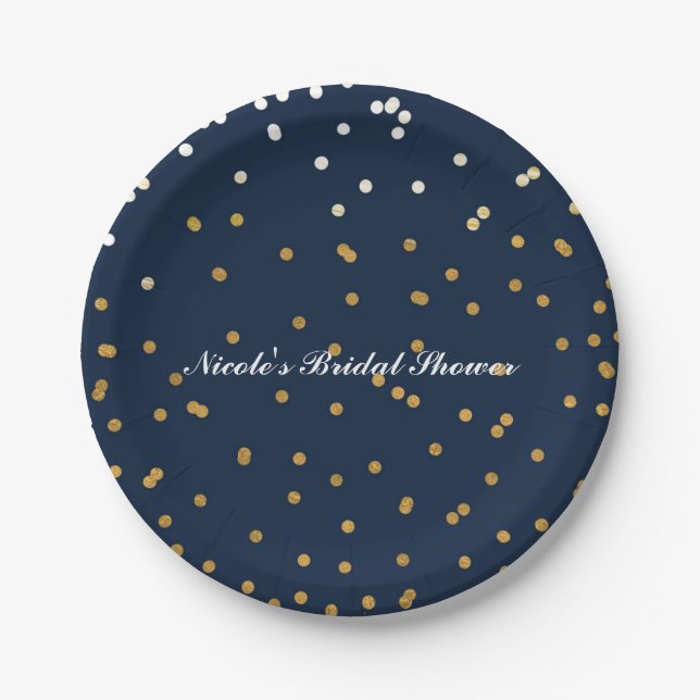 Assiettes En Carton Points Confetti Marine Bleu & Or Moderne Chic (Devant)