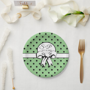 Assiettes En Carton Points Noirs Sage Green Bow Blanc Personnalisé