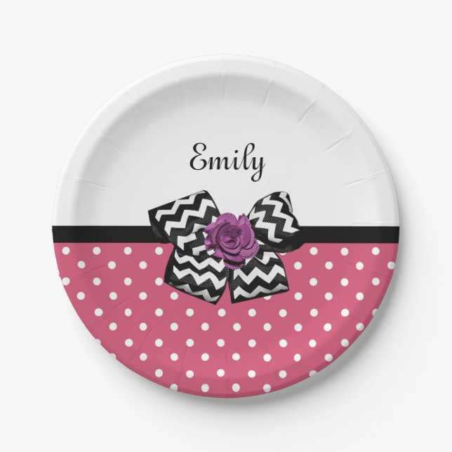 Assiettes En Carton Points roses mignons Rose pourpre Chevron Bow et n (Devant)